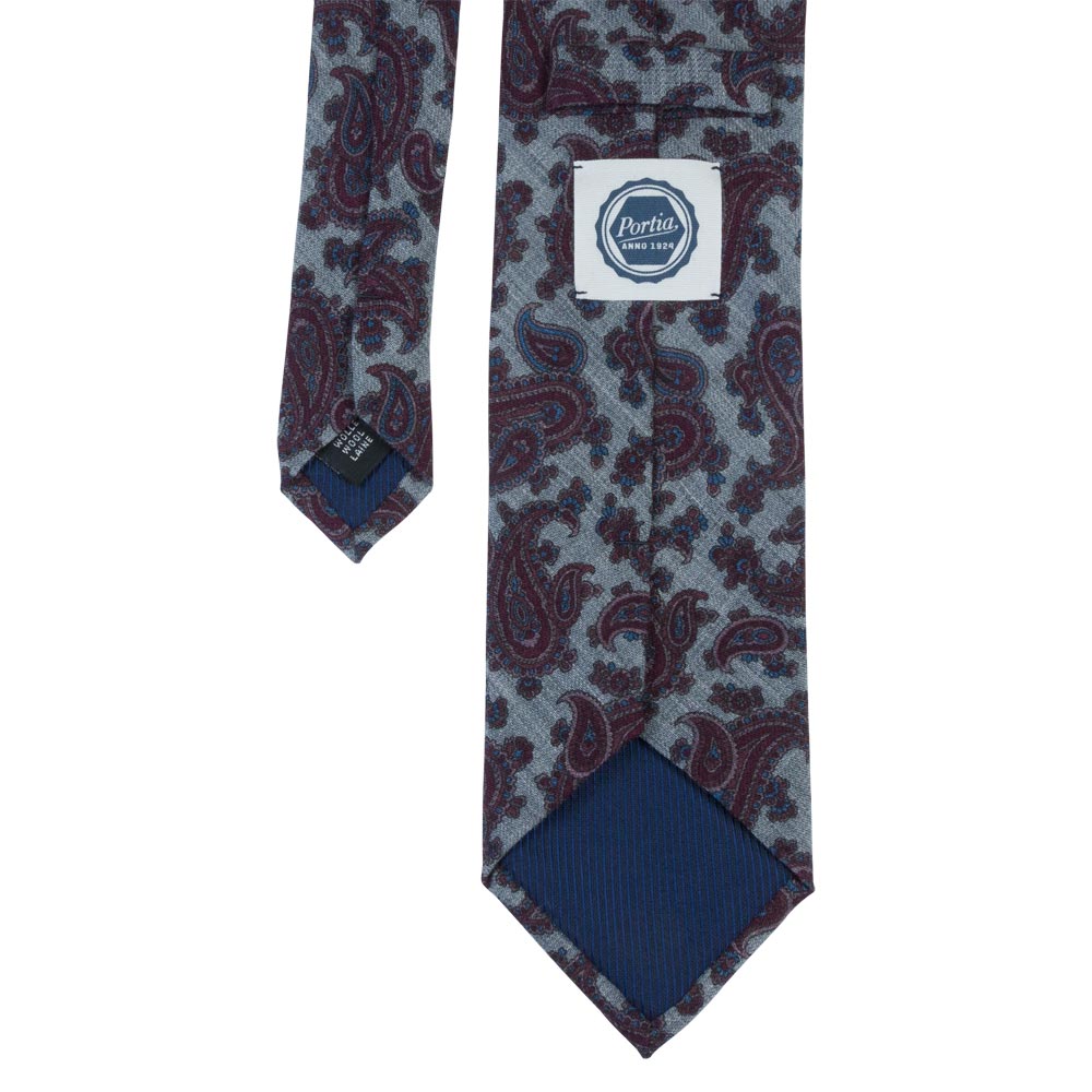 light grey burgundy mertera paisley pattern wool tie back