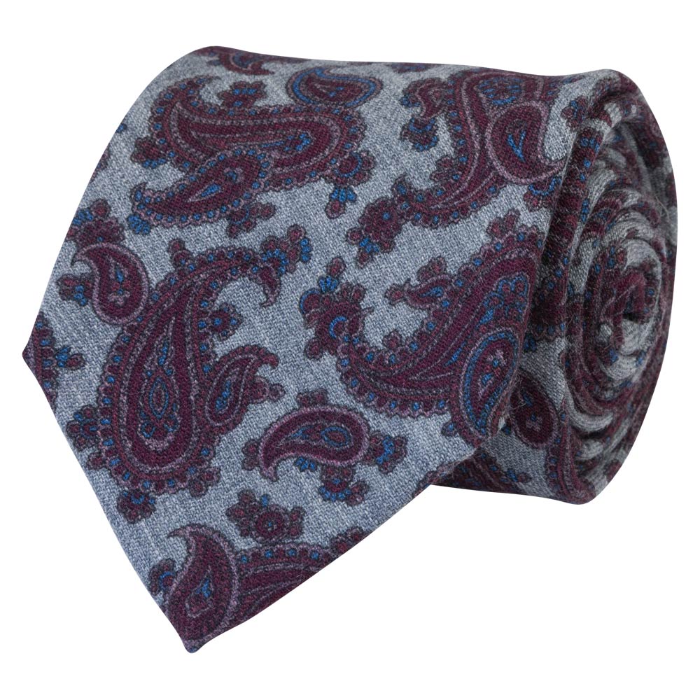 light grey burgundy mertera paisley pattern wool tie rolled